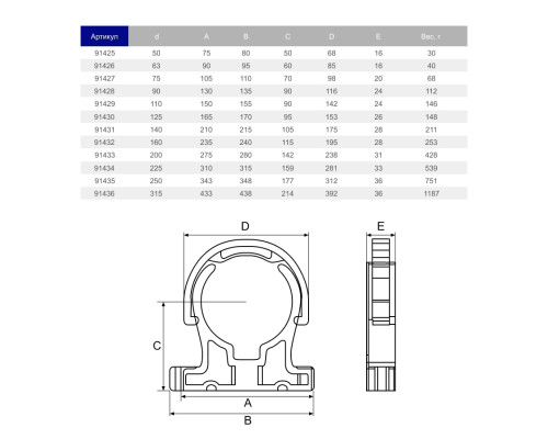 Крепление для труб ПВХ Hidroten 1091425, с фиксатором, d50 мм