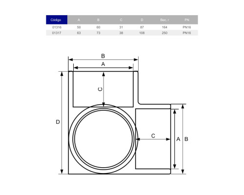 Колено ПВХ Hidroten 3V, 1001316, с доп. отводом, d50 мм