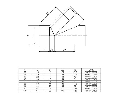 Тройник ПВХ Effast RDRTYD0320 45° клеевой, d32 мм
