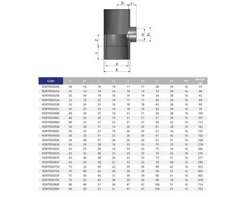 Тройник ПВХ Effast RDRTRD040B 90° редукционный, d40x20 мм