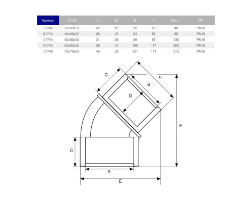 Угол клеевой 45° ПВХ Hidroten 1001742, редукционный, d32x32x25 мм