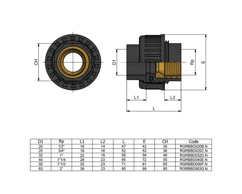 Муфта ПВХ Effast RGRBBD063G.N переходная, с внутренней резьбой d63x2"