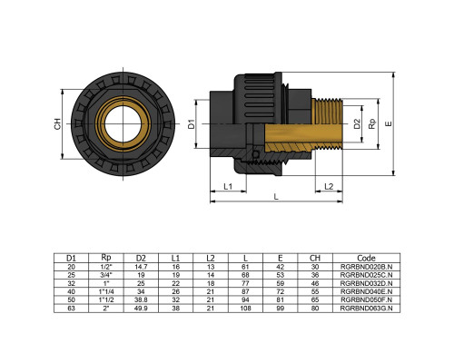 Муфта ПВХ Effast RGRBND050F.N переходная с наружной резьбой, латунь d50x1-1/2"