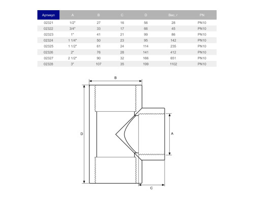Тройник 90° ПВХ Hidroten 1002325, с внутр. резьбой, d1 1/2"