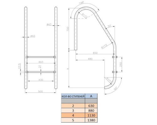 Лестница для бассейна Kripsol Standard IP 5.D (5 ступеней), AISI-316