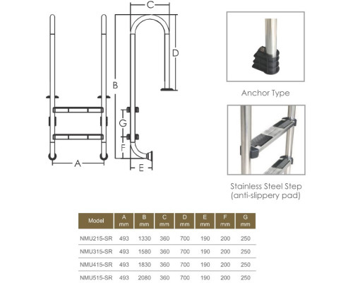 Лестница для бассейна Emaux Muro NMU415-SR (4 cтупени), AISI-316